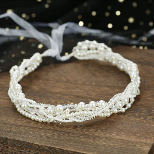 Beaded Handmade Bridal Headband with Crystal Detail