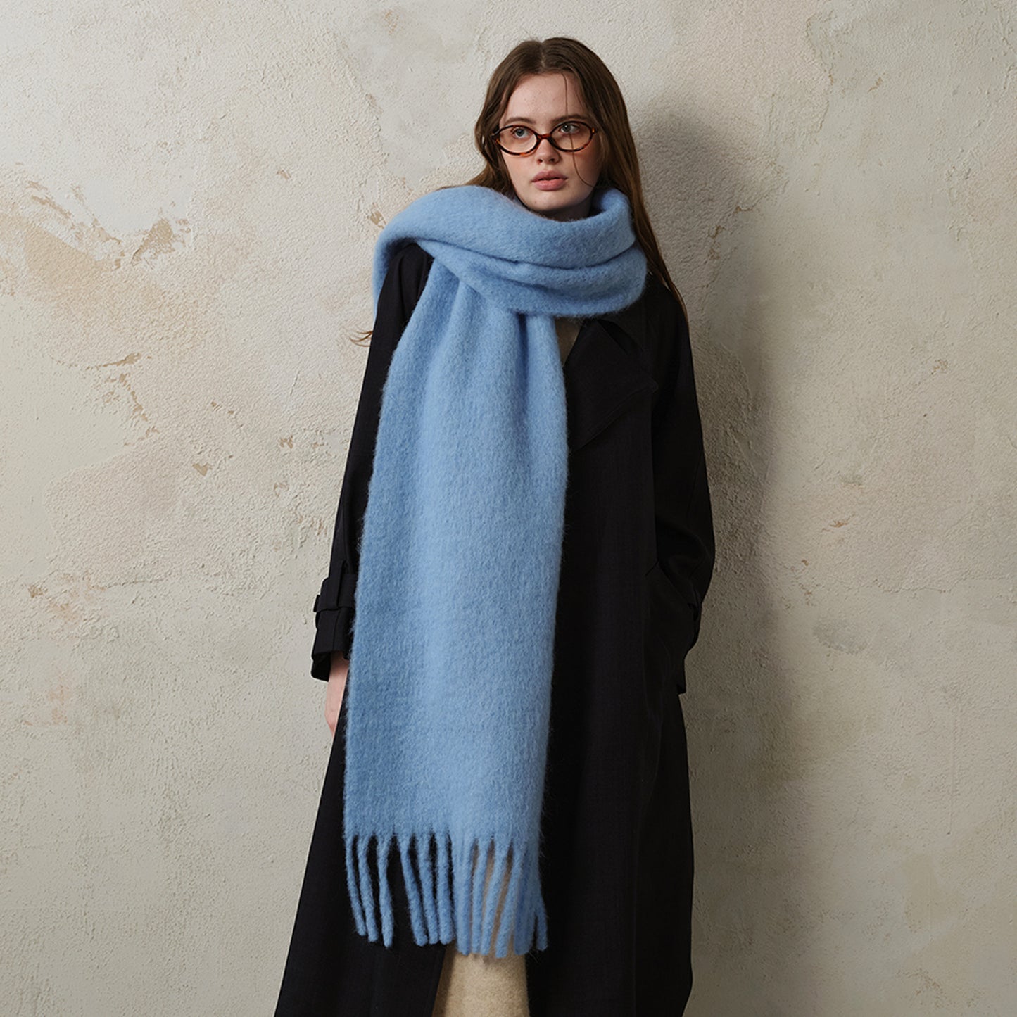 Classic Wool Blend Solid Color Fringed Scarf for Women