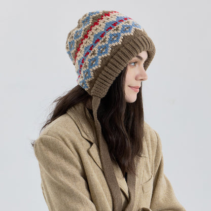 Fair Isle Knit Beanie Hat with Ear Covers - Windproof and Warm