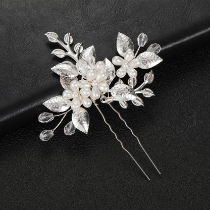 Silver Leaf Pearl Crystal Handmade U Shaped Hairpin Wedding Hairpiece