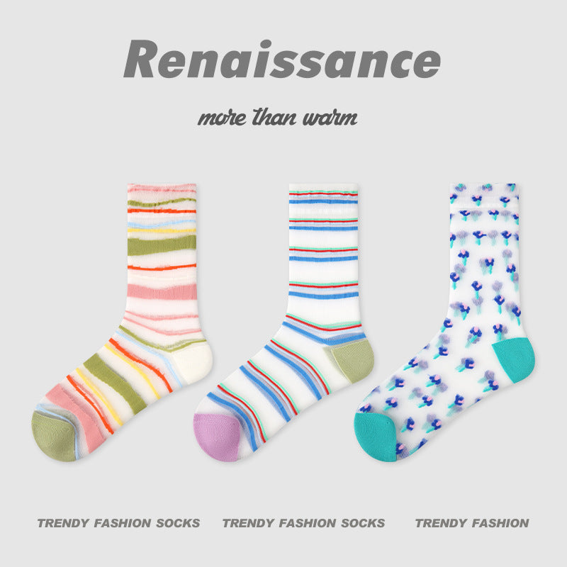 Renaissance Striped Mesh Mid Calf Cotton Socks