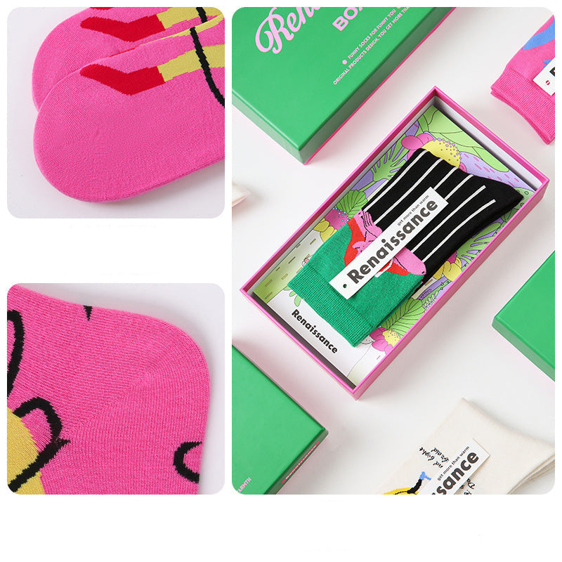 Art Illustration Combed Cotton Mid Calf Socks