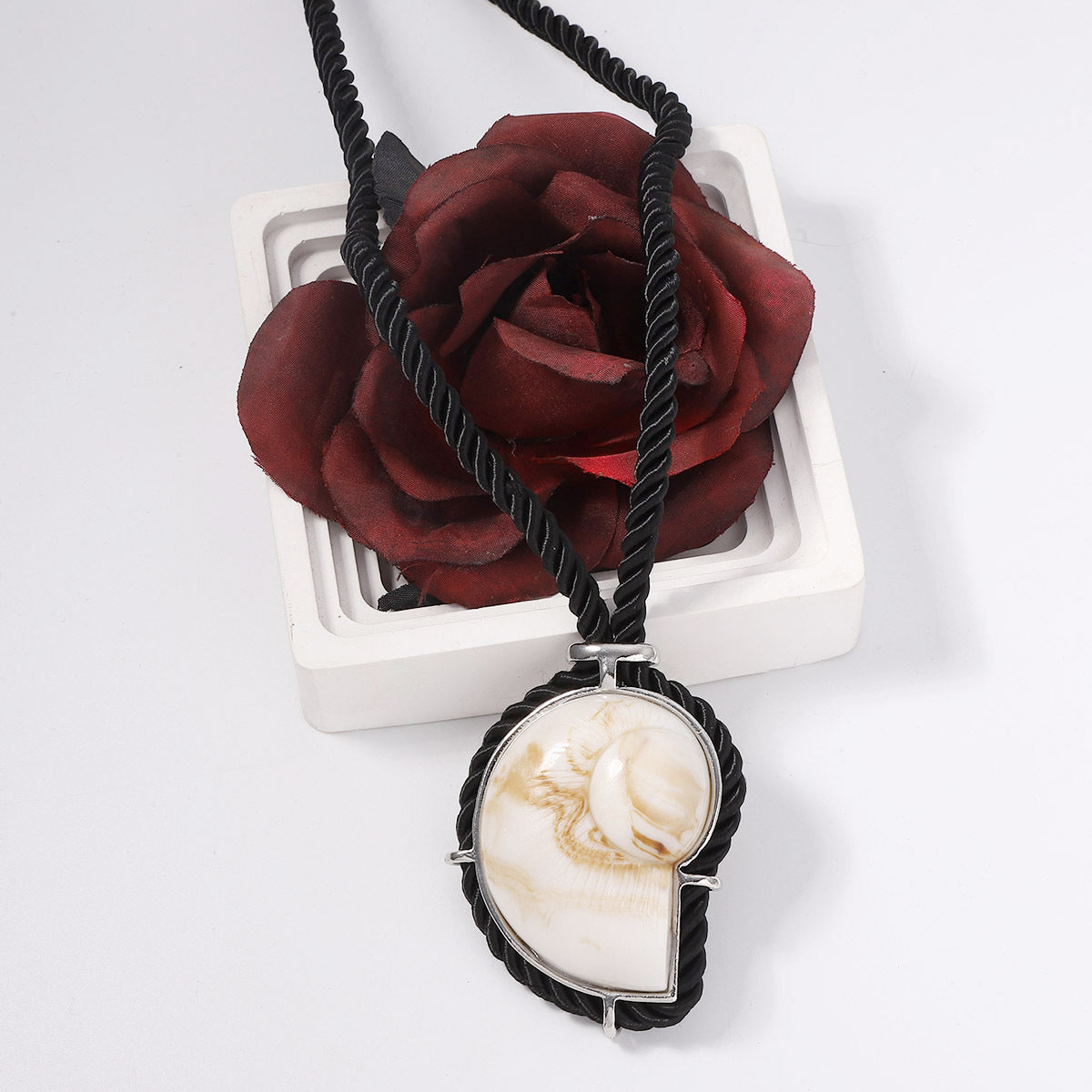 Resin Shell Pendant Ink Wash Adjustable Rope Choker
