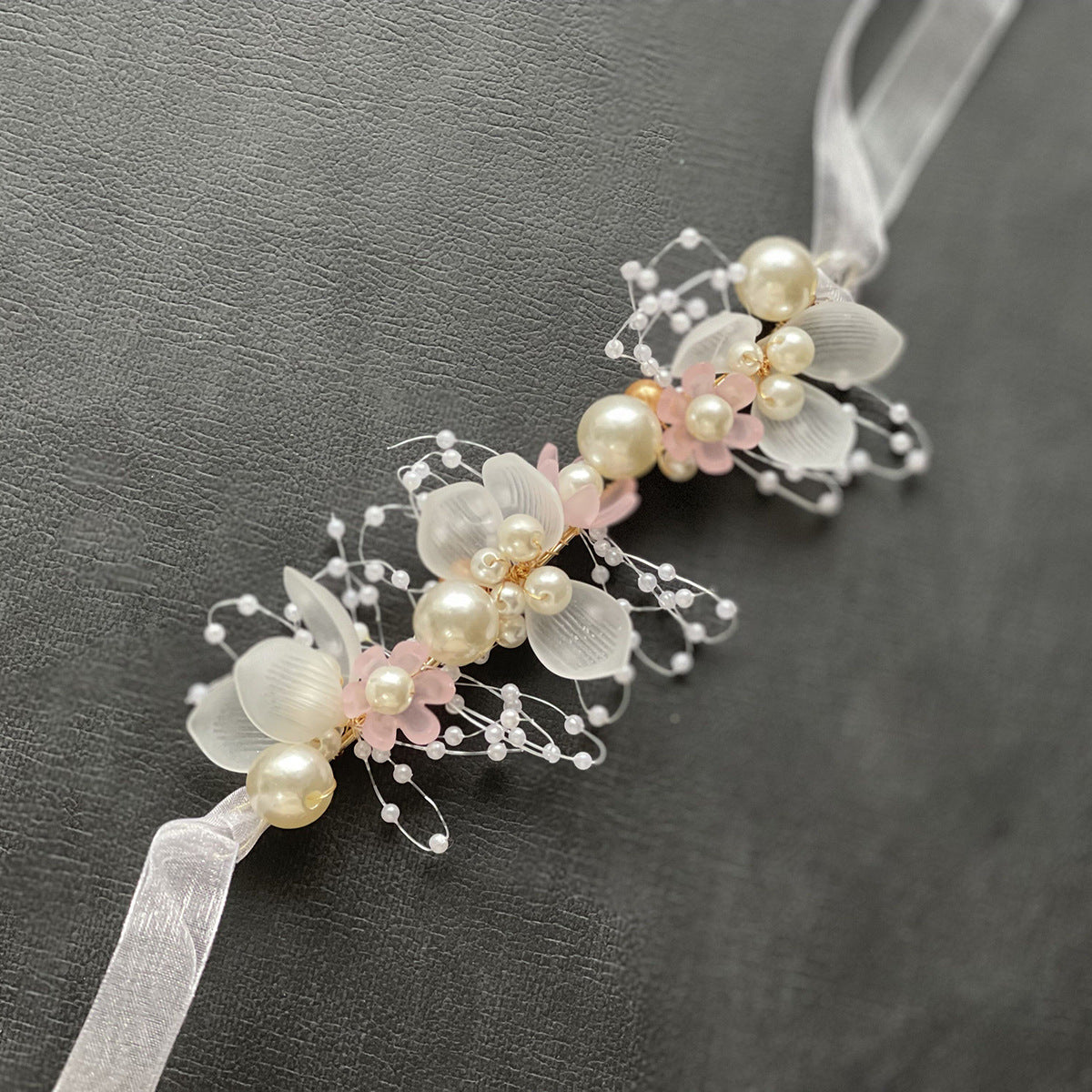 Pearl Handcrafted Wrist Flower and Headband Bridal Set