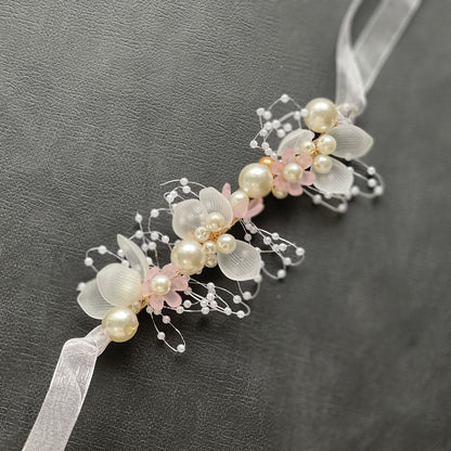 Pearl Handcrafted Wrist Flower and Headband Bridal Set