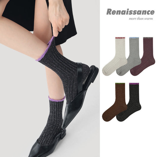 Socks Colorblock Combed Cotton Metallic Mid Calf Casual
