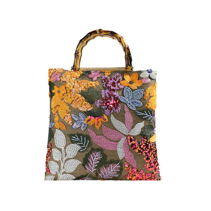 New Embroidered Sequin Bamboo Handle Evening Bag