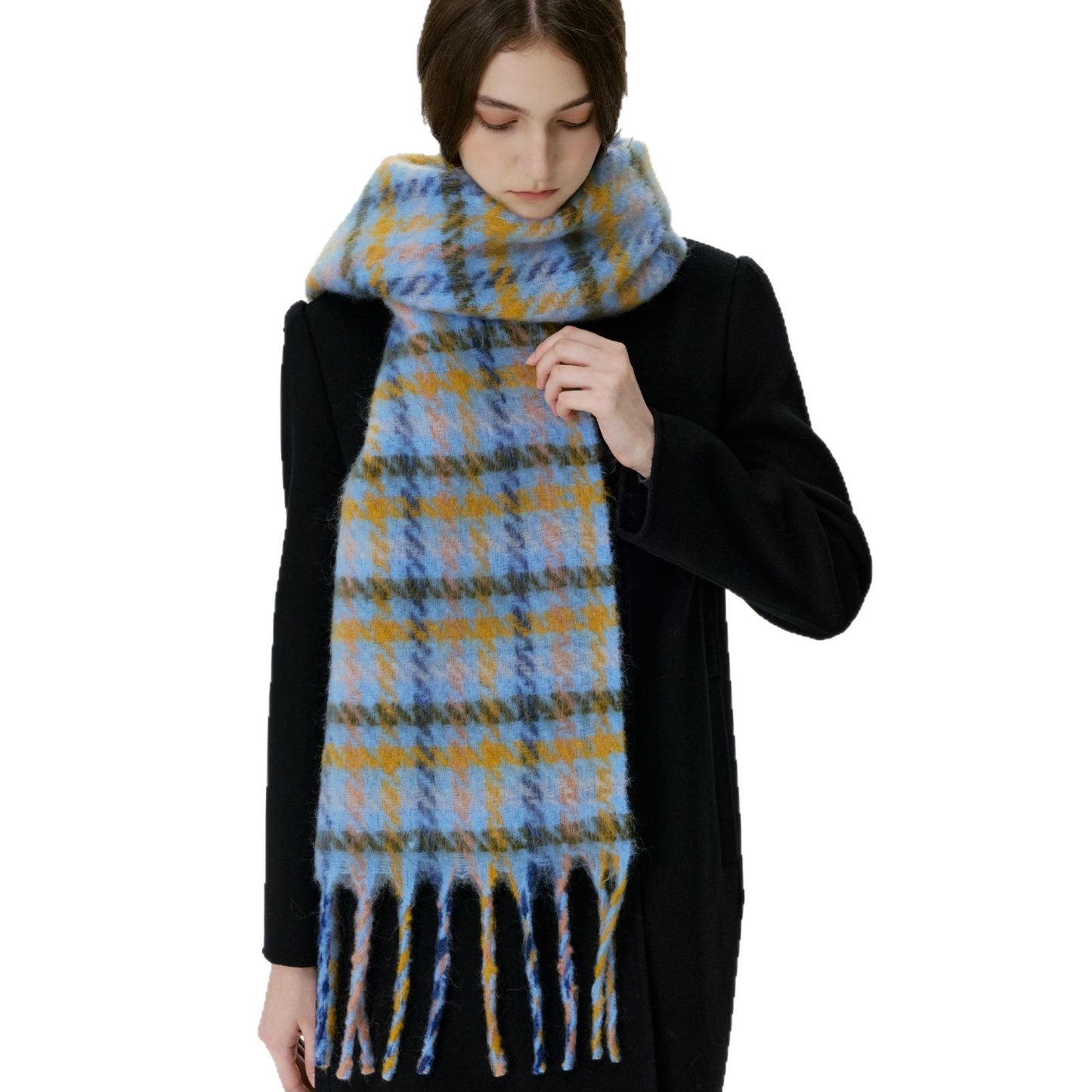 Classic Houndstooth Fringed Scarf Cozy Winter Wrap