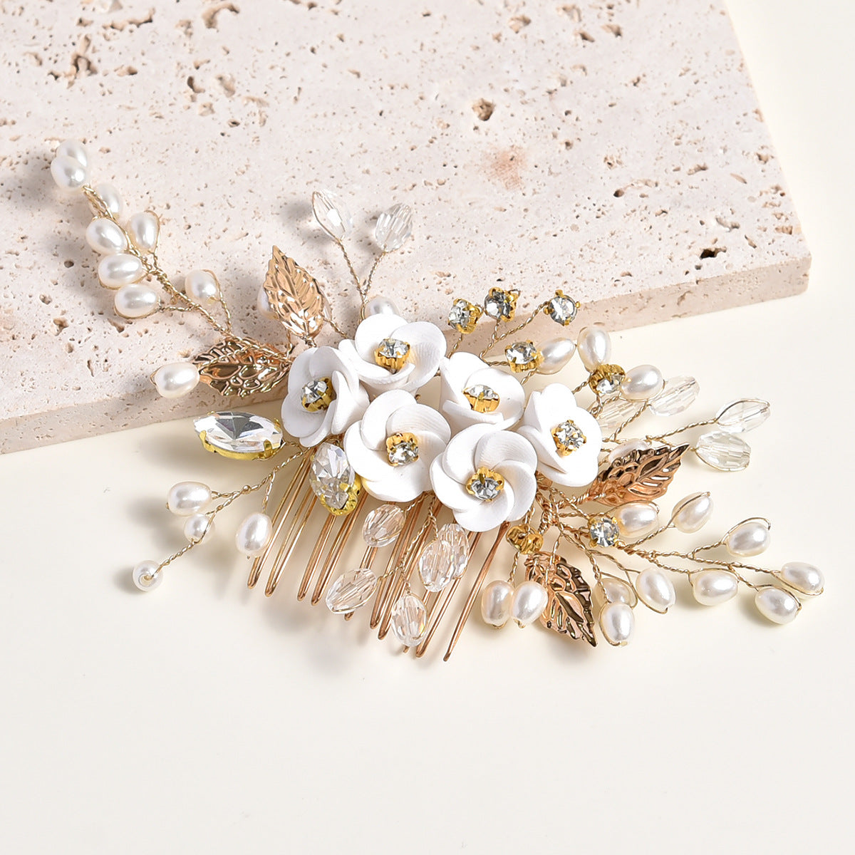 Handmade White Pearl Flower Hair Comb with Gems