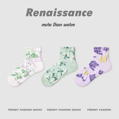 Socks Embossed Floral Combed Cotton Seamless Toe Casual