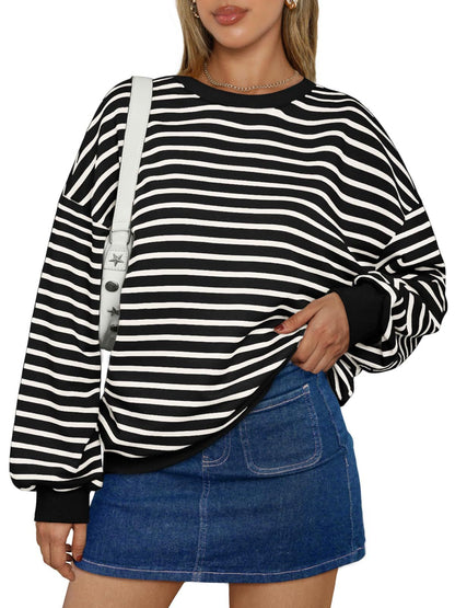 Colorful Striped Crew Neck Loose Sweatshirt for Women