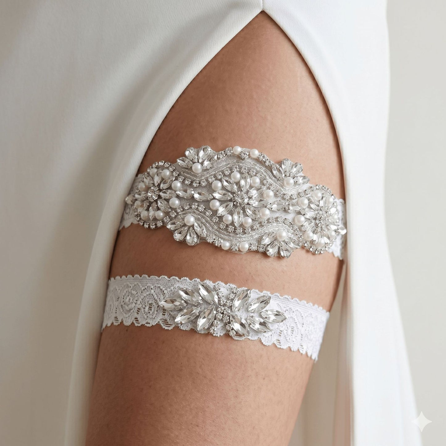 Bridal Lace Garter Belt with Rhinestones and Pearls for Elegant Weddings