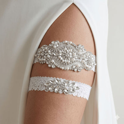 Bridal Lace Garter Belt with Rhinestones and Pearls for Elegant Weddings