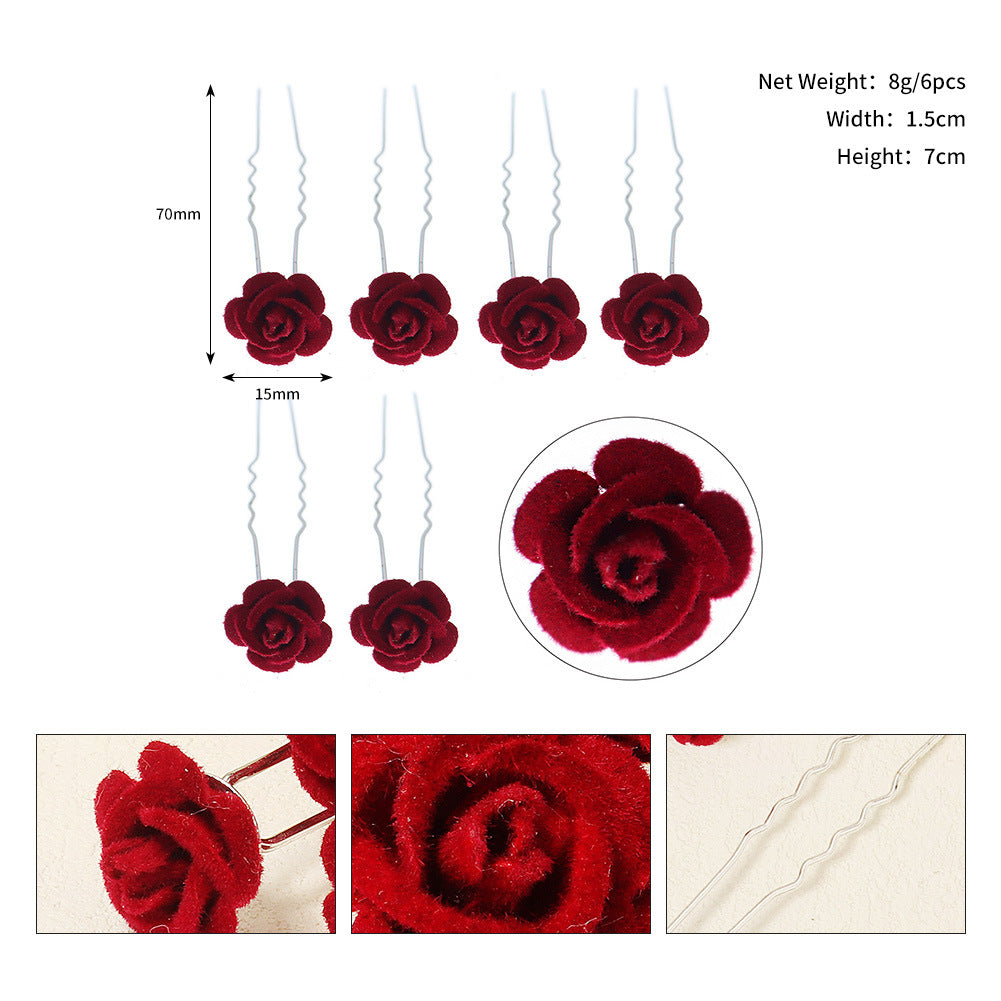 Red Rose U-Shaped Hairpin Set for Traditional Chinese Dress