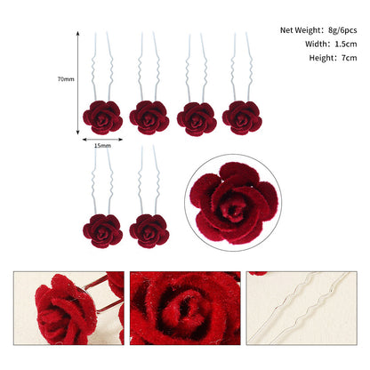 Red Rose U-Shaped Hairpin Set for Traditional Chinese Dress