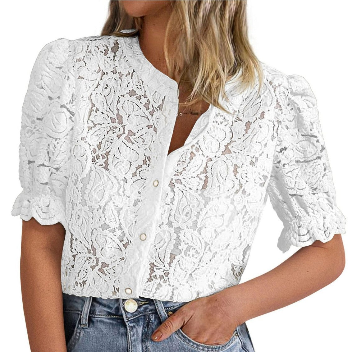 Summer Lace Short Sleeve Button-Up Shirt for Women