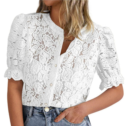 Summer Lace Short Sleeve Button-Up Shirt for Women
