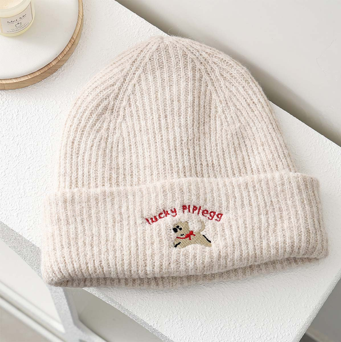 Cute Dog Embroidered Knit Hat Cozy Earflap Beanie