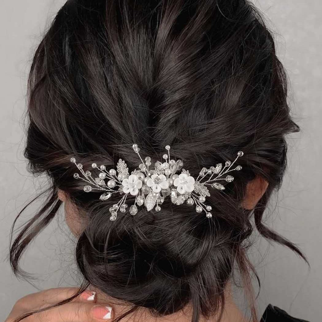 White Handmade Floral Crystal Beaded Bridal Hairpiece