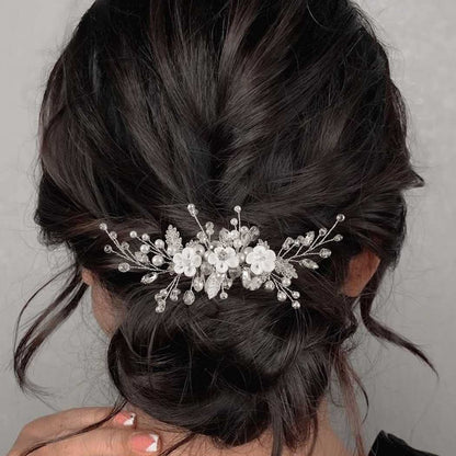 White Handmade Floral Crystal Beaded Bridal Hairpiece