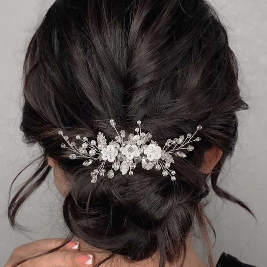 White Handmade Floral Crystal Beaded Bridal Hairpiece