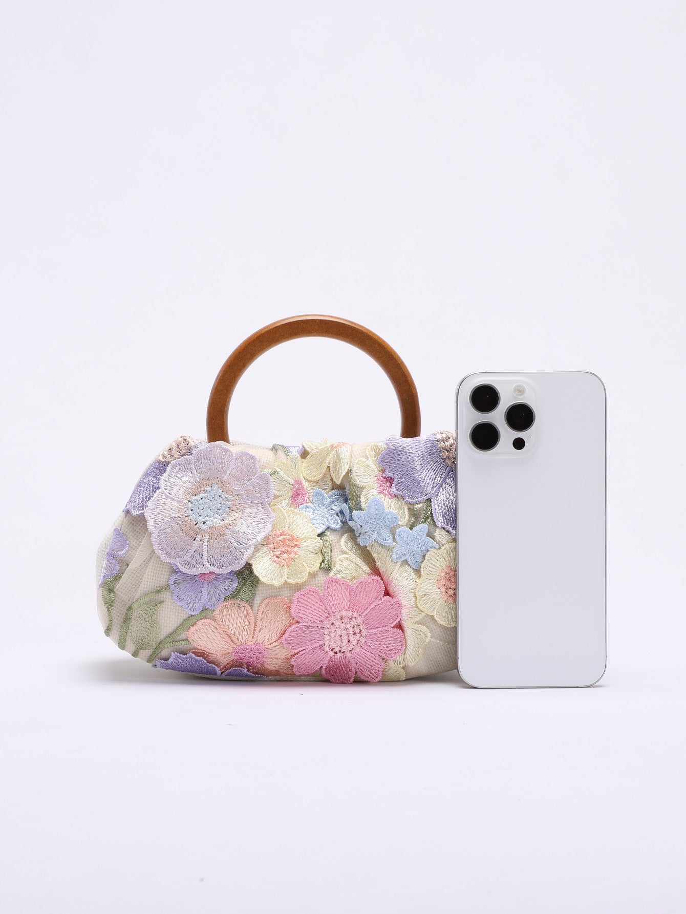 Round Wood Handle Bag Floral Embroidered Beach Style Women's Clutch