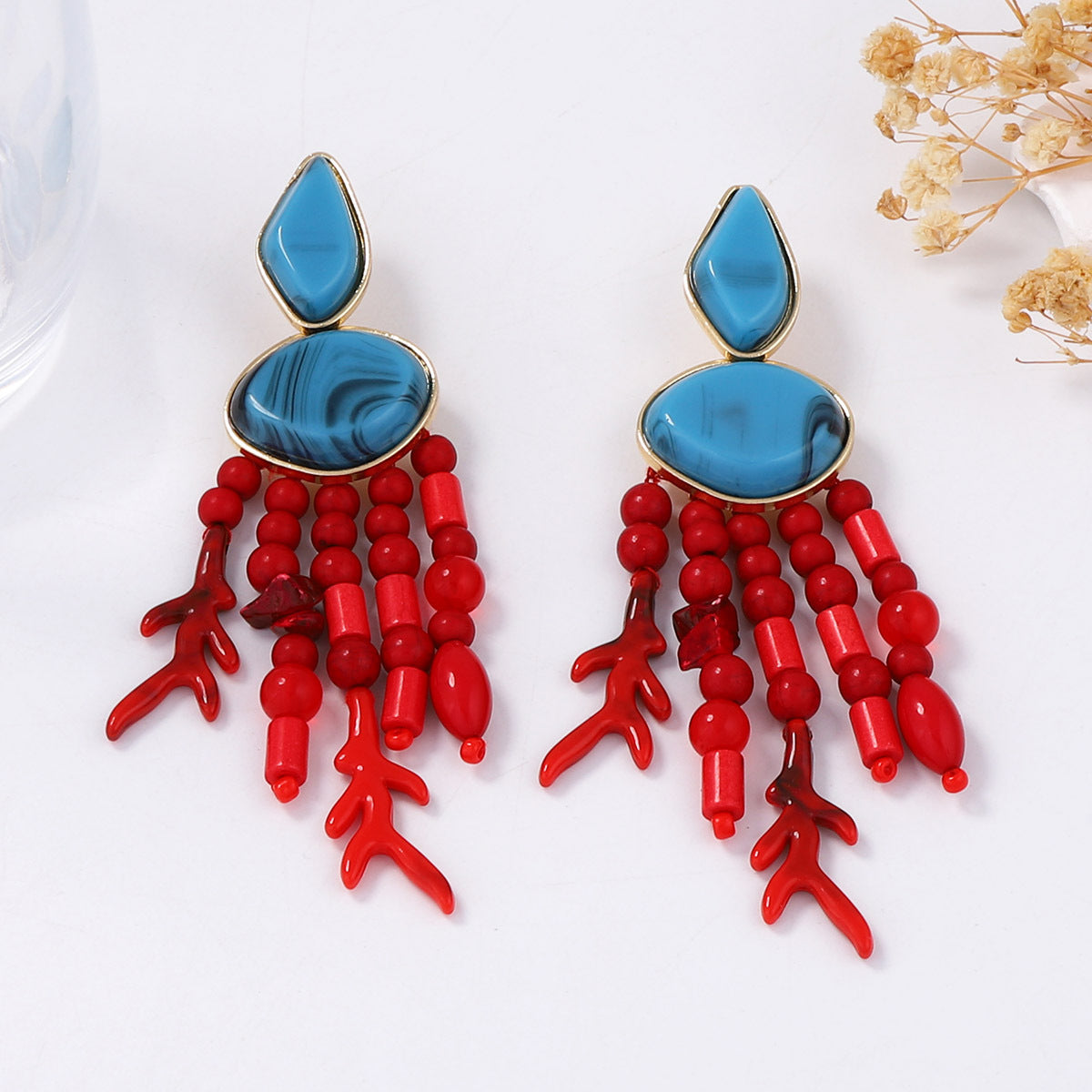 Beaded Tassel Drop Earrings Coral Boho Beach Style