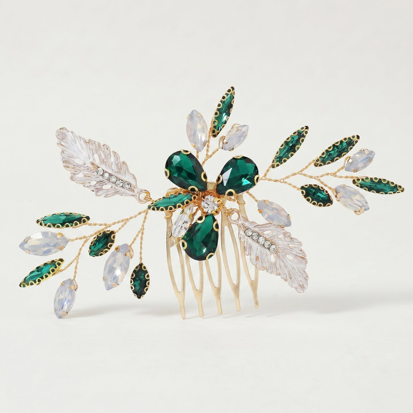 Green Crystal Leaf Hair Comb Elegant Bridal Hair Accessory