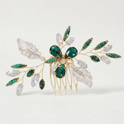 Green Crystal Leaf Hair Comb Elegant Bridal Hair Accessory