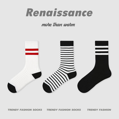 Mid Calf Striped Combed Cotton Socks For Daily Wear