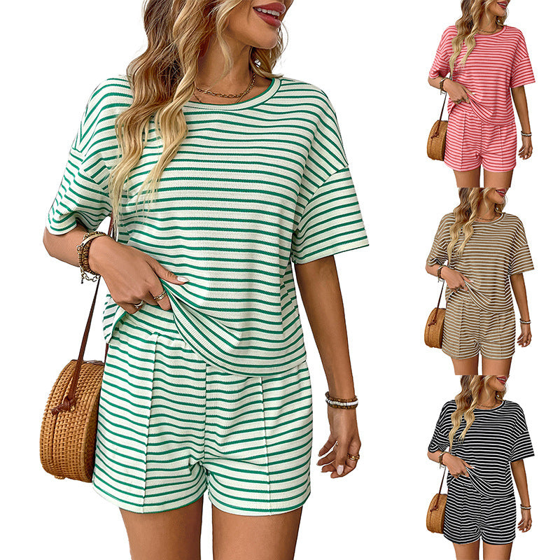Trendy Casual Knitted Striped Shorts Sports Set for Women