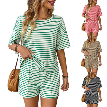 Trendy Casual Knitted Striped Shorts Sports Set for Women