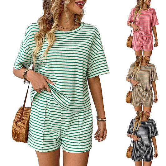 Trendy Casual Knitted Striped Shorts Sports Set for Women