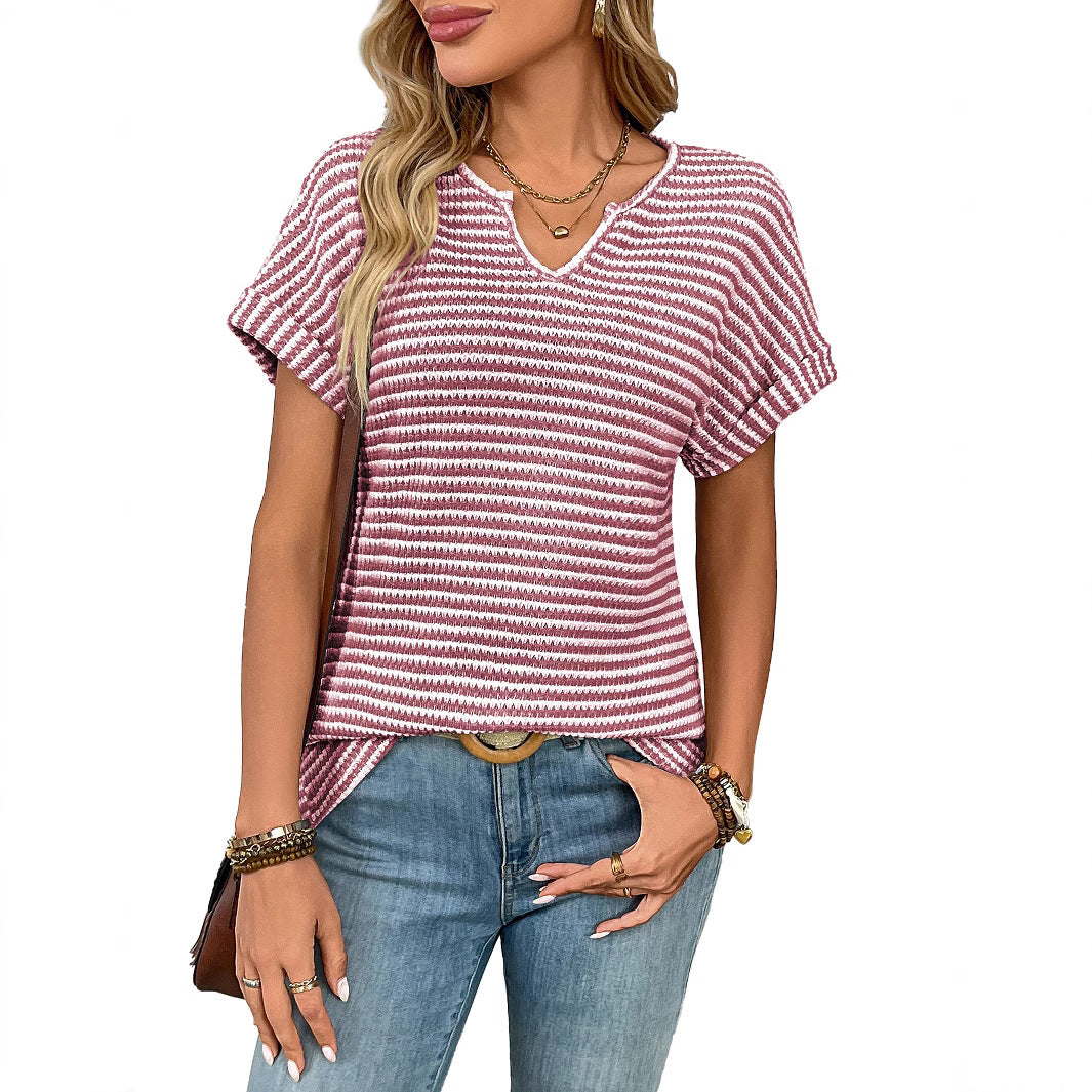 V-Neck Striped Casual T-Shirt for Women