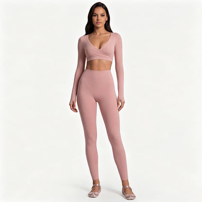 Long Sleeve Cross-Back Workout Skirt Set Women Ballet Style Yoga Outfit