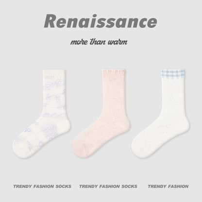 Mid Calf Striped Mesh Breathable Cotton Socks