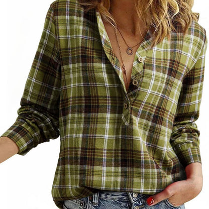 V-Neck Plaid Shirt Trendy Casual Polyester Top