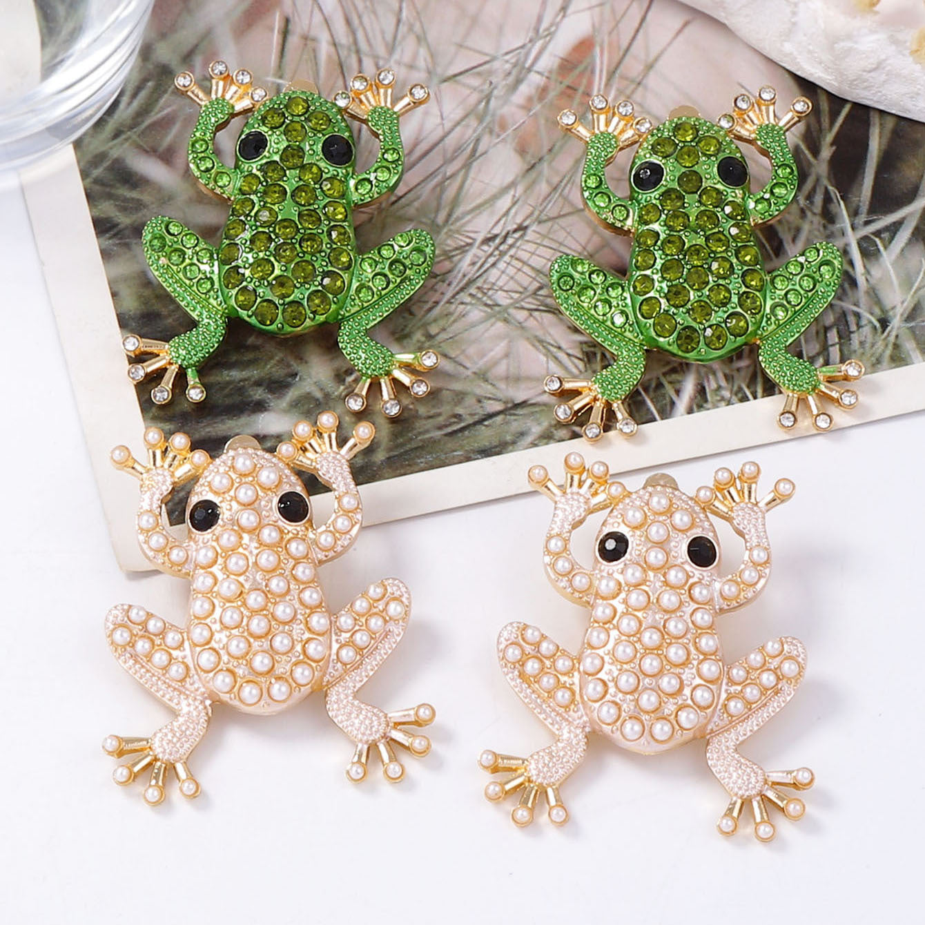 Stud Earrings Frog Pearl Zircon Stainless Posts Chic