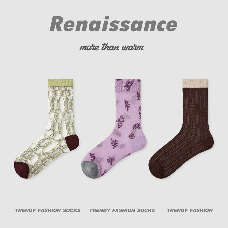 Mid Calf Striped Mesh Breathable Cotton Socks