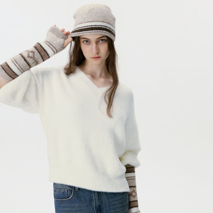 Retro Color Block Knitted Hat & Mittens Set