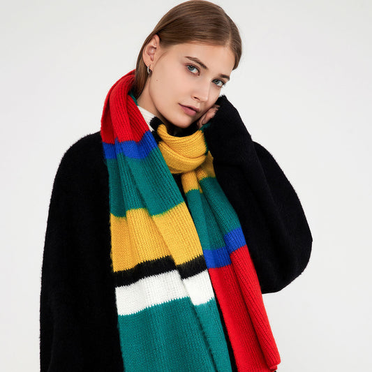Rainbow Striped Acrylic Knit Scarf for Women