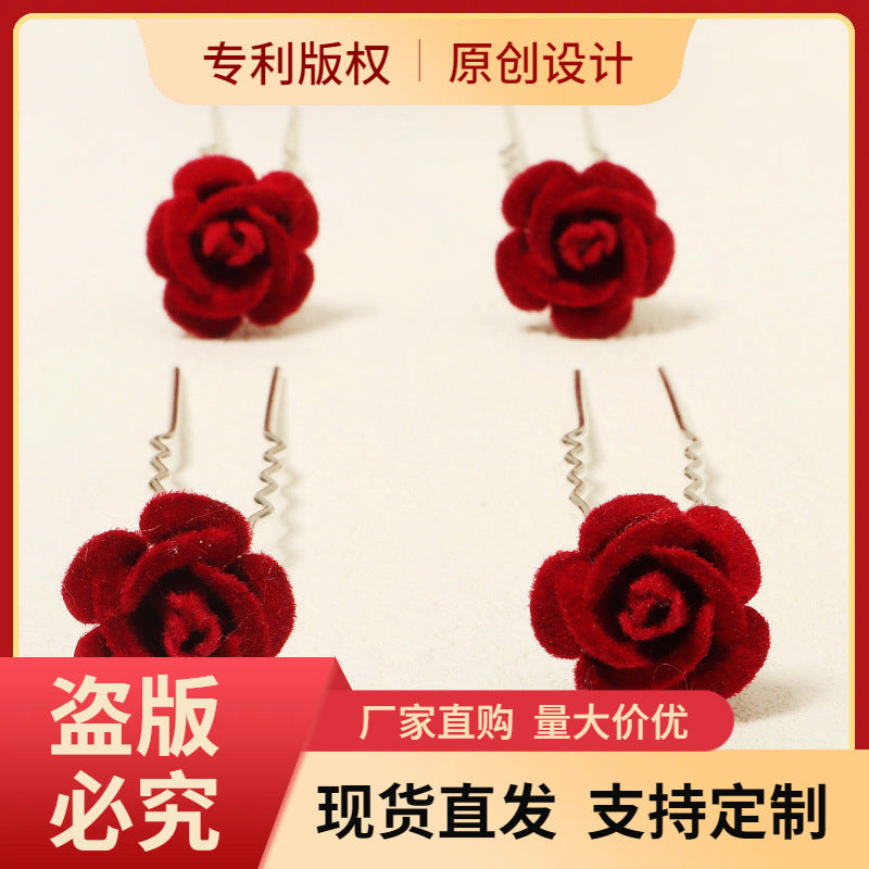 Red Rose U-Shaped Hairpin Set for Traditional Chinese Dress