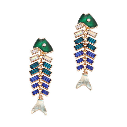 Earrings Fishbone Rhinestone Dangle Retro Chic