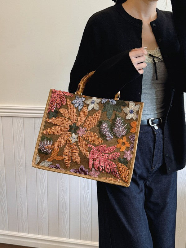 Embroidered Sequin Tote Bag with Floral Detail