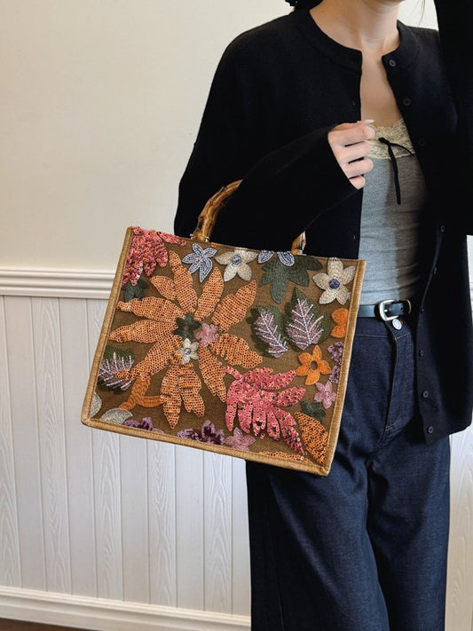 Embroidered Sequin Tote Bag with Floral Detail