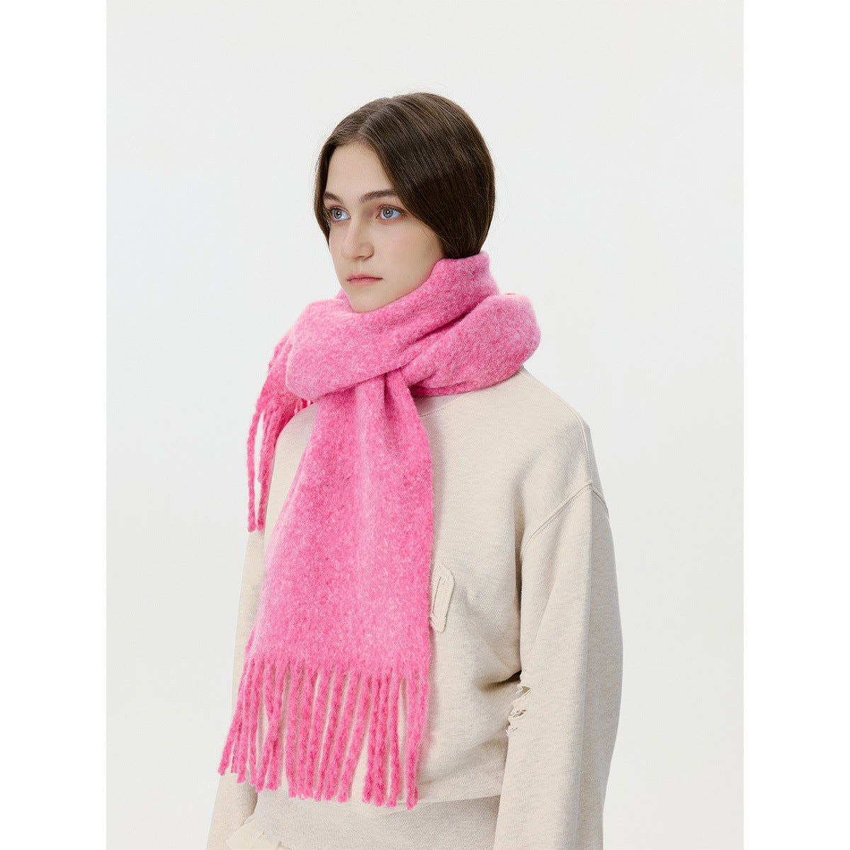 Solid Color Fringed Scarf Stylish Warm Neck Wrap