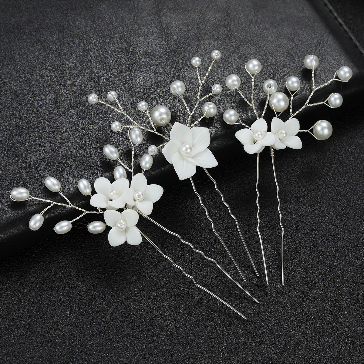 White Floral U Shaped Hair Pins Set of 3 Bridal Wedding Hair Accessories