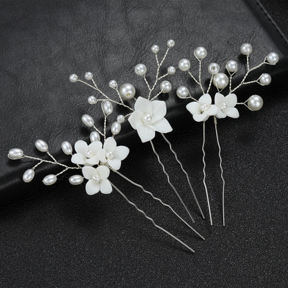 White Floral U Shaped Hair Pins Set of 3 Bridal Wedding Hair Accessories