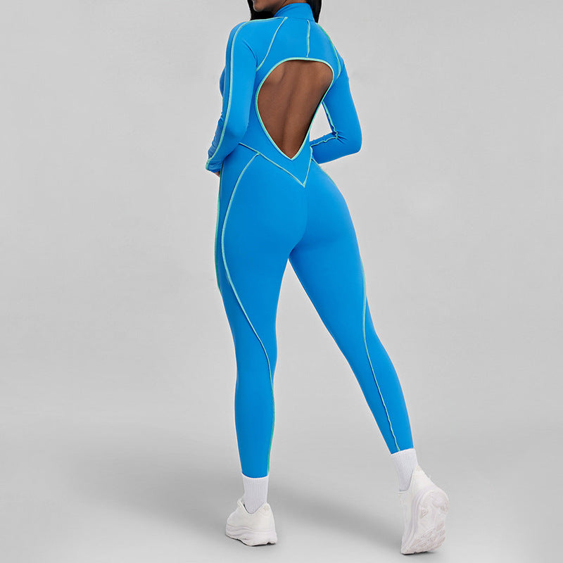 Color Block Yoga Jumpsuit with Hollow Back Spaghetti Strap