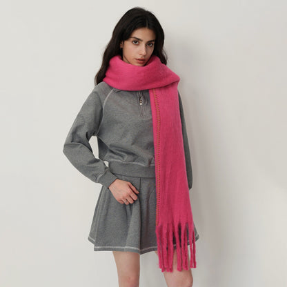 Solid Color Fringed Scarf Stylish Warm Winter Wrap